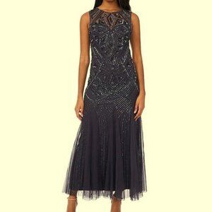 Pisarro Nights Slate Grey Pisarro Nights Beaded Illusion Dress